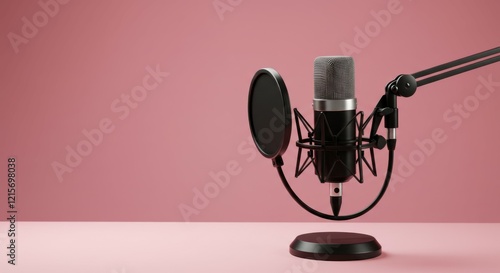 Wallpaper Mural studio microphone, pink background, professional audio equipment, podcasting setup, minimalist design, sound recording, broadcast technology, vocal booth, crisp details, sleek metal finish, pop filter Torontodigital.ca