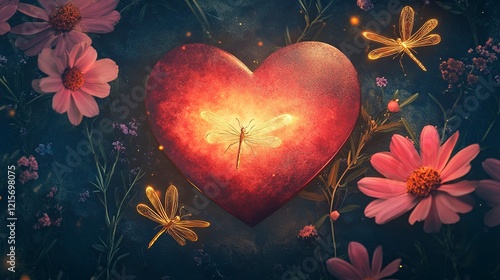 Illuminated Heart with Dragonflies and Flowers A Surreal Fantasy Image