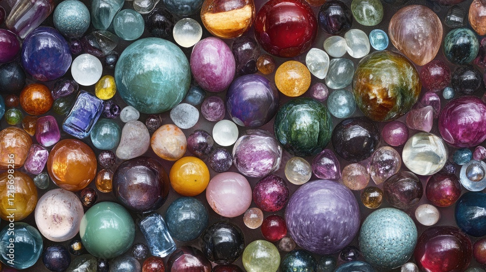 Colorful collection of translucent and opaque gemstones and beads arranged in a flat layout with Copy Space for text insertion Colorful collection of translucent and opaque gemstones and beads arranged in a flat layout with Copy Space for text insertion