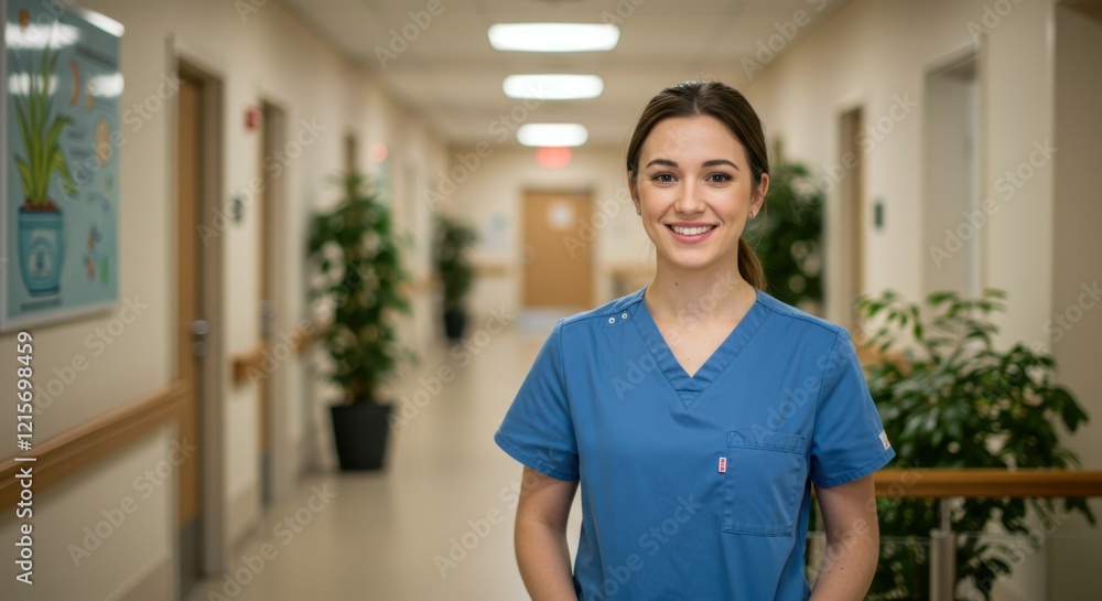 Healthcare professional, blue scrubs, hospital corridor, warm smile, ID badge, female medical worker, fluorescent lighting, indoor plants, beige walls, hallway, comforting presence, medical facility i Healthcare professional, blue scrubs, hospital corridor, warm smile, ID badge, female medical worker, fluorescent lighting, indoor plants, beige walls, hallway, comforting presence, medical facility i