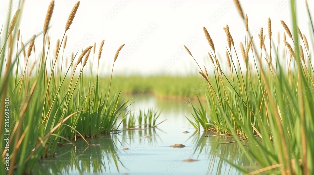 Obraz premium Lush Green Meadow with Water Reflection Under Blue Sky in Summer