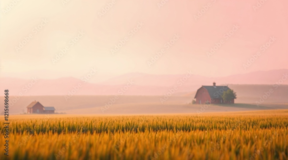 Fototapeta premium Tranquil Summer Sunrise Over Green Wheat Field and Evening Sky in Rural Countryside