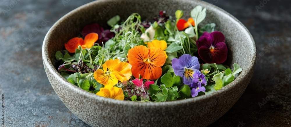 Colorful edible flower salad in a textured bowl on a dark background with Copy Space for text placement Colorful edible flower salad in a textured bowl on a dark background with Copy Space for text placement