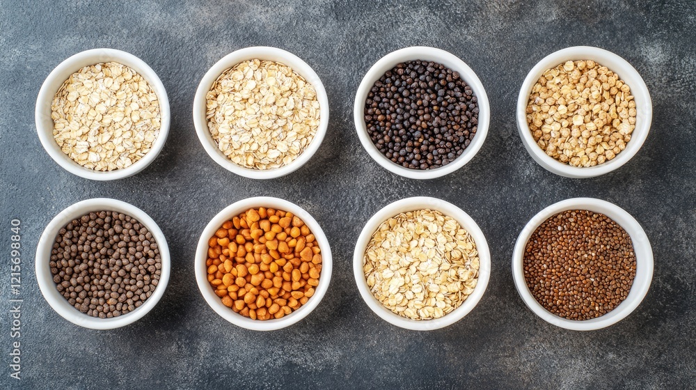 Assorted grains and seeds in white bowls arranged in a grid on a dark textured surface Copy Space Assorted grains and seeds in white bowls arranged in a grid on a dark textured surface Copy Space