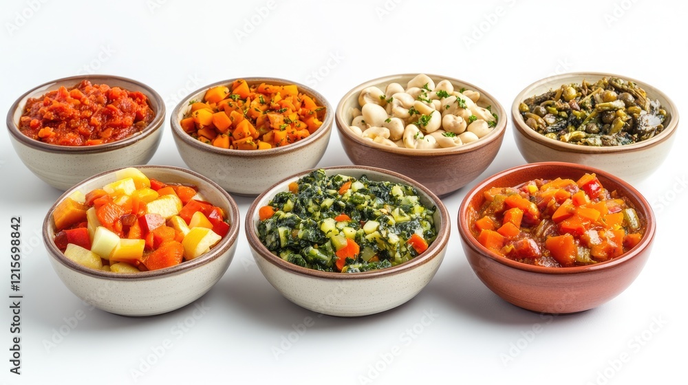 Assorted healthy vegetable dishes in bowls with vibrant colors on white background Copy Space Assorted healthy vegetable dishes in bowls with vibrant colors on white background Copy Space