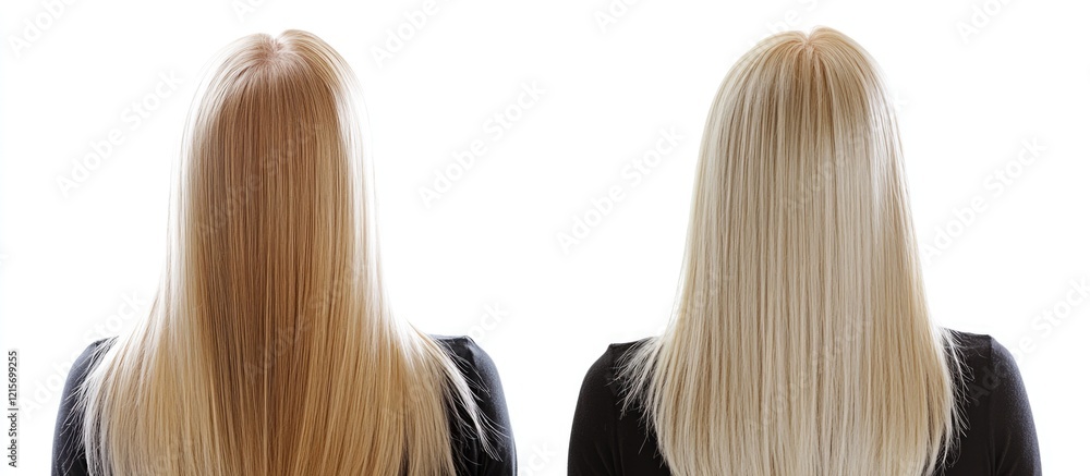 Comparison of two women's hairstyles showing long straight hair in different shades of blonde against a white background with Copy Space Comparison of two women's hairstyles showing long straight hair in different shades of blonde against a white background with Copy Space
