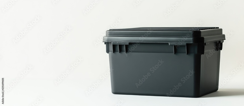 Closed dark gray storage box on a light background with Copy Space for product description or text insertion Closed dark gray storage box on a light background with Copy Space for product description or text insertion