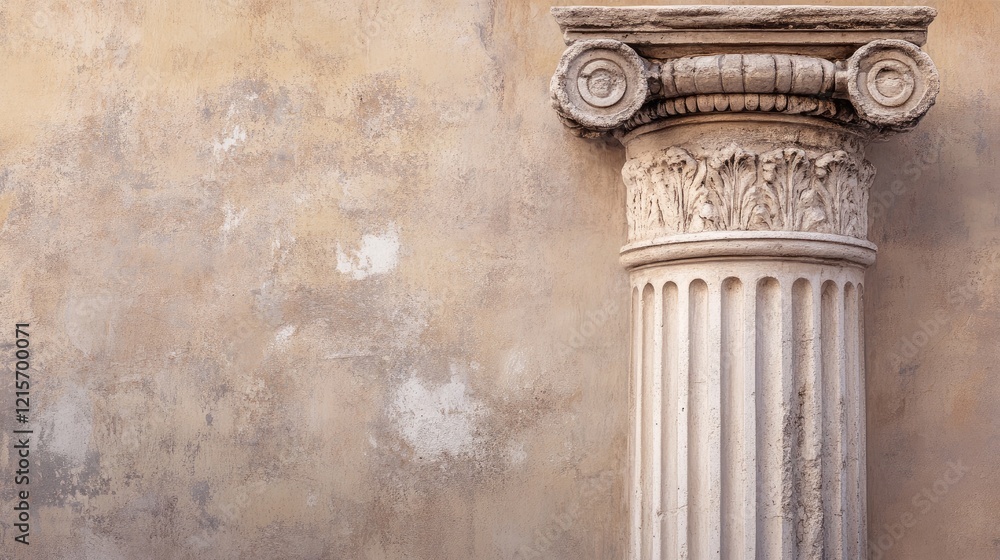 Obraz premium Ancient Greek column with decorative capital against weathered wall background and ample copy space for text placement