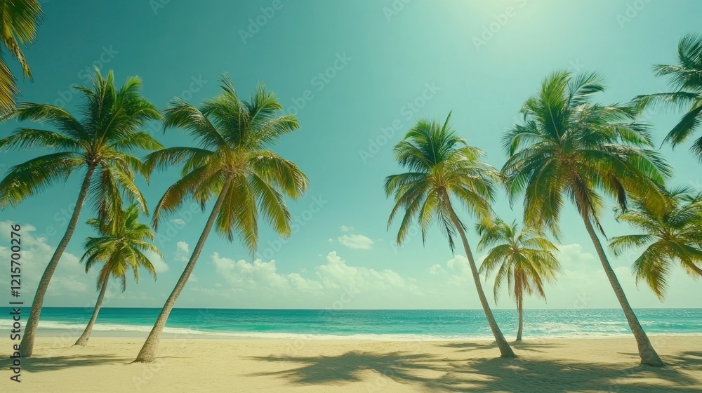 Serene tropical beach with swaying palm trees under a clear sky and gentle waves in the background Serene tropical beach with swaying palm trees under a clear sky and gentle waves in the background