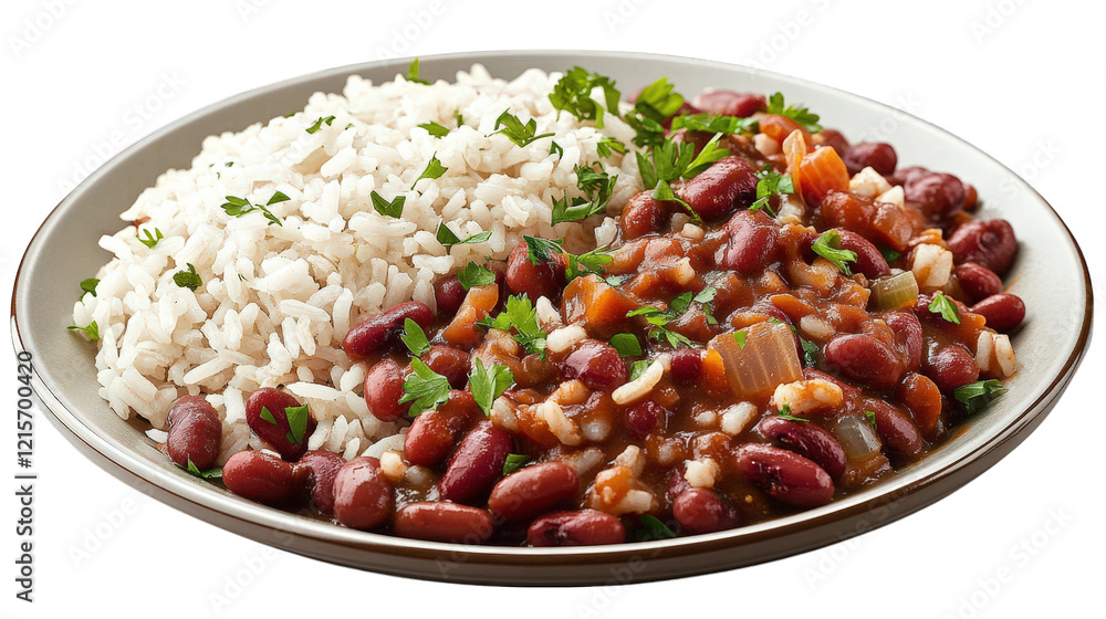 plate of rice served alongside a hearty portion of red beans in a savory sauce. garnished with chopped herbs the dish showcases a blend of textures and colors. making it visually appealing and indicat plate of rice served alongside a hearty portion of red beans in a savory sauce. garnished with chopped herbs the dish showcases a blend of textures and colors. making it visually appealing and indicat