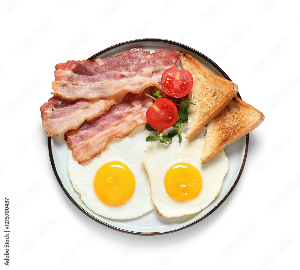 Plate with tasty fried eggs, toasts, tomatoes and bacon on white background. Top view Plate with tasty fried eggs, toasts, tomatoes and bacon on white background. Top view