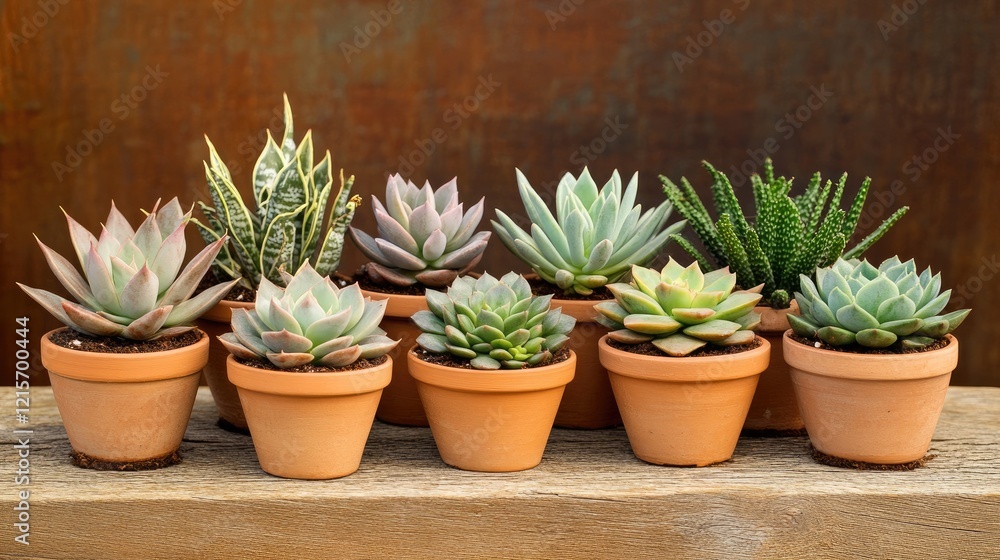 Collection of various succulent plants in terracotta pots arranged in a row with a rustic background and ample copy space. Collection of various succulent plants in terracotta pots arranged in a row with a rustic background and ample copy space.