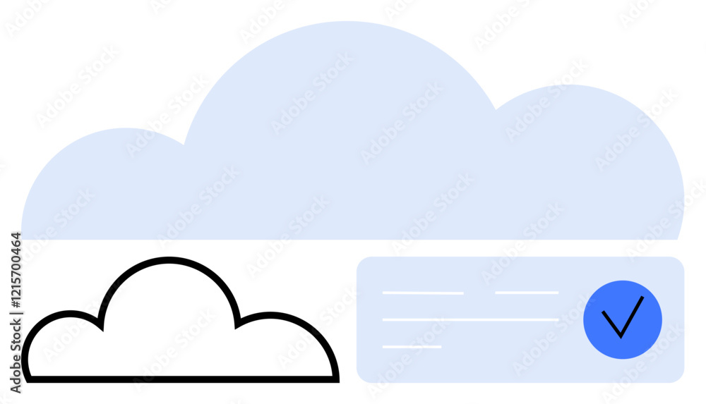 Large blue cloud above, smaller cloud outlined in black, blue check mark on the right. Ideal for cloud computing, data storage, security verification, online services, tech solutions, digital safety Large blue cloud above, smaller cloud outlined in black, blue check mark on the right. Ideal for cloud computing, data storage, security verification, online services, tech solutions, digital safety