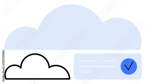 Large blue cloud above, smaller cloud outlined in black, blue check mark on the right. Ideal for cloud computing, data storage, security verification, online services, tech solutions, digital safety
