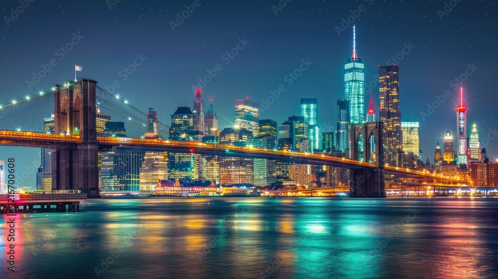 Obraz premium New York City skyline with glowing skyscrapers, Times Square neon lights in the distance, a starry sky, and the Brooklyn Bridge silhouette in the foreground.