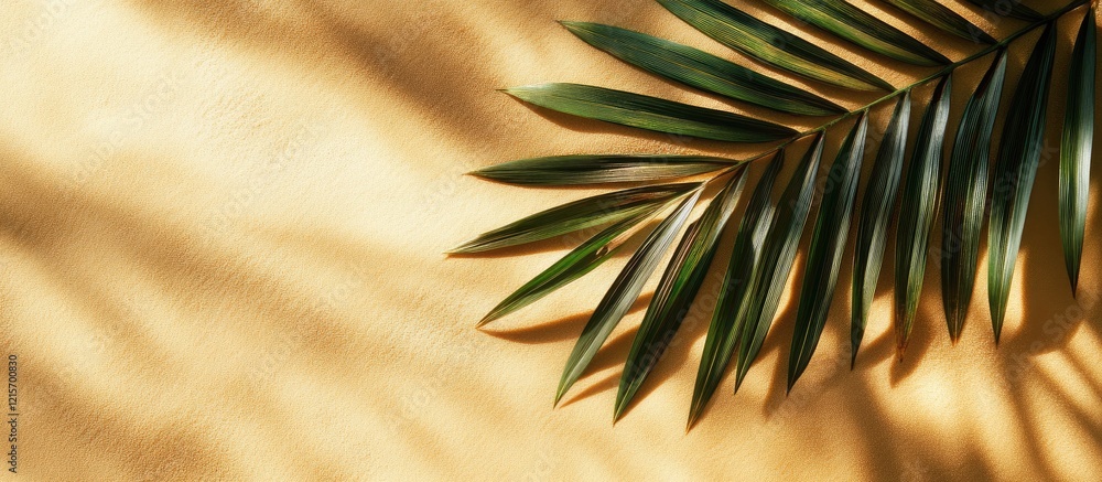 Tropical palm leaf shadow on textured beige background with Copy Space for text insertion Tropical palm leaf shadow on textured beige background with Copy Space for text insertion