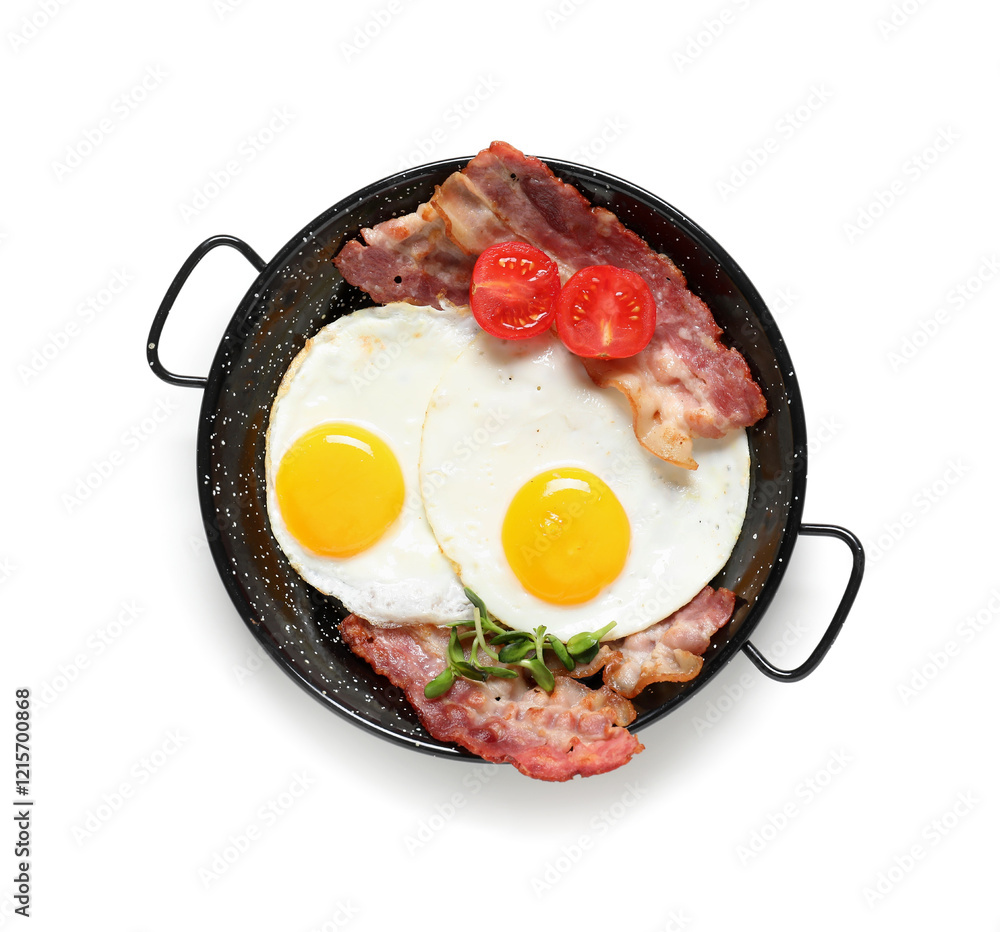 Pan with tasty fried eggs, tomatoes and bacon on white background. Top view Pan with tasty fried eggs, tomatoes and bacon on white background. Top view