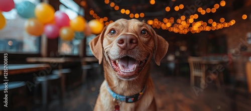 Happy dog at cafe, balloons background. Pet friendly location photo