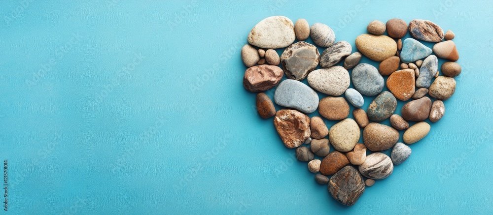 Heart shape composition made of smooth pebbles on blue background with Copy Space for text placement Heart shape composition made of smooth pebbles on blue background with Copy Space for text placement