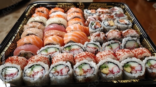 Assorted sushi platter with various rolls and sashimi in a black takeout container on a wooden surface Copy Space photo