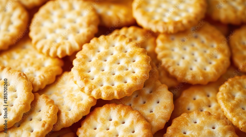 Assorted golden-brown round crackers with textured surface in a close-up arrangement on a table Copy Space Assorted golden-brown round crackers with textured surface in a close-up arrangement on a table Copy Space