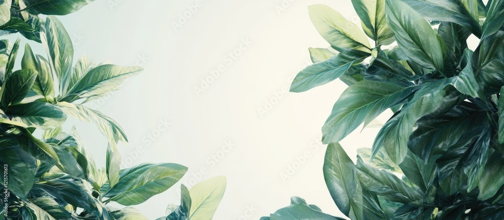 Lush green leaves background with soft light and ample copy space for text placement Lush green leaves background with soft light and ample copy space for text placement