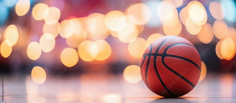 Basketball on Court with Blurred Background Bokeh Lights Copy Space Basketball on Court with Blurred Background Bokeh Lights Copy Space