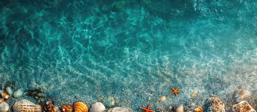 Naklejka premium Aerial view of clear turquoise water with pebbles and starfish on a sandy beach Copy Space