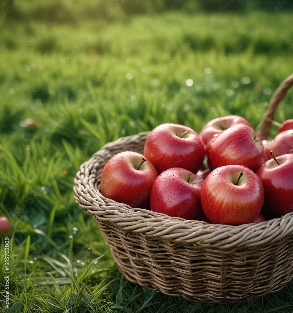 Closeup of four red apples in a wicker basket with dew and grass , grass, nature, dew Closeup of four red apples in a wicker basket with dew and grass , grass, nature, dew