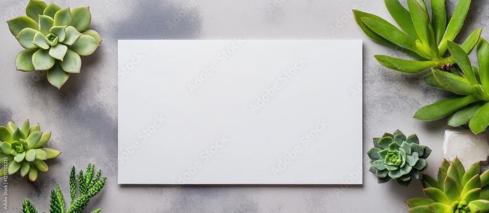 Succulent plants surrounding a blank white card on a textured gray background with Copy Space for text placement. Succulent plants surrounding a blank white card on a textured gray background with Copy Space for text placement.