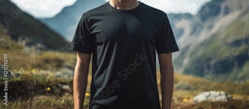 Man wearing a black t-shirt standing in a mountainous outdoor landscape with natural light and Copy Space for text. photo