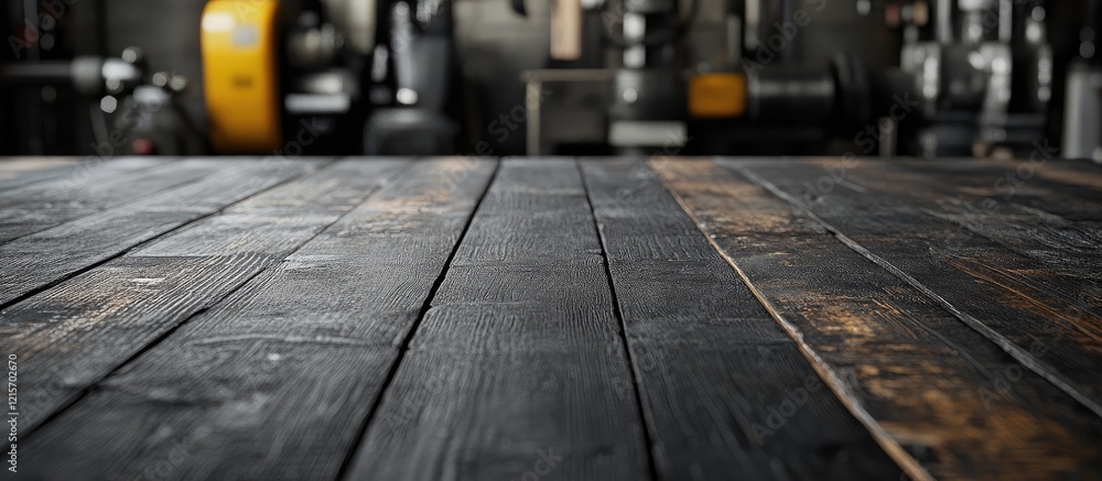 Obraz premium Wooden tabletop with dark stained planks in foreground, industrial workshop background with tools and machinery, Copy Space available