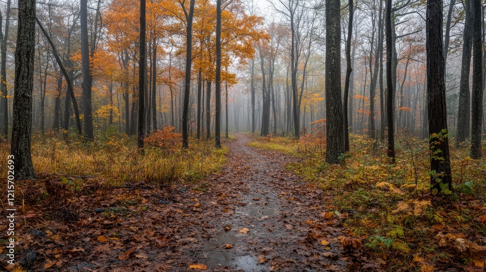 Serene autumn forest path surrounded by vibrant orange leaves and misty atmosphere Serene autumn forest path surrounded by vibrant orange leaves and misty atmosphere
