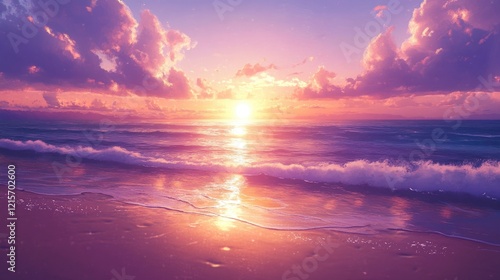 Serene sunset over a tranquil beach with gentle waves lapping at the shore, creating a peaceful atmosphere (1)
