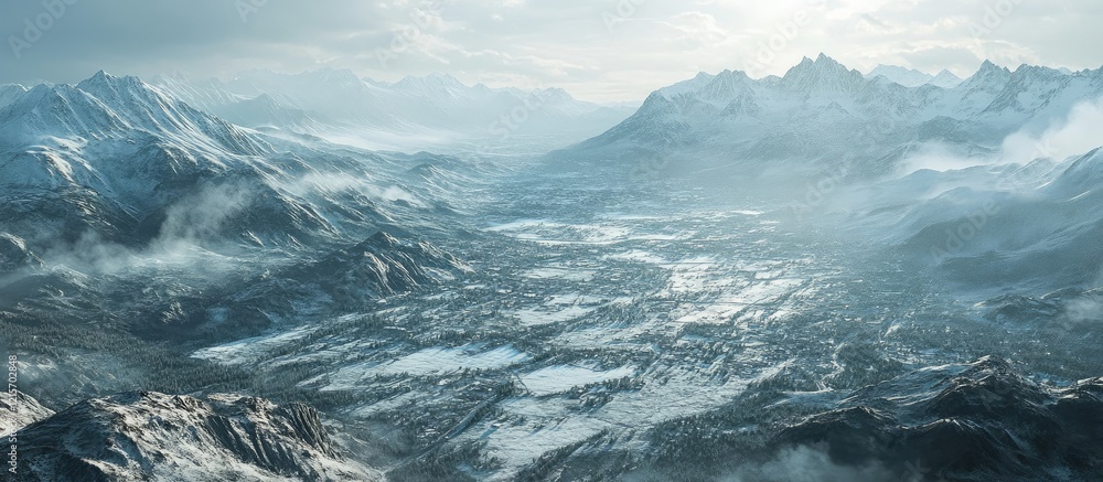 Panoramic view of snow-covered mountains and valleys under cloudy sky with misty foreground and distant peaks in winter landscape Copy Space Panoramic view of snow-covered mountains and valleys under cloudy sky with misty foreground and distant peaks in winter landscape Copy Space