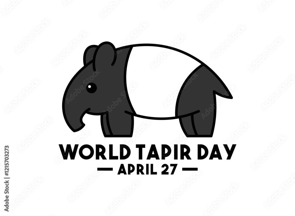 Fototapeta premium World Tapir Day. April 27. Cute Tapir. Line. Outline. Doodle. Poster, banner, card, background.