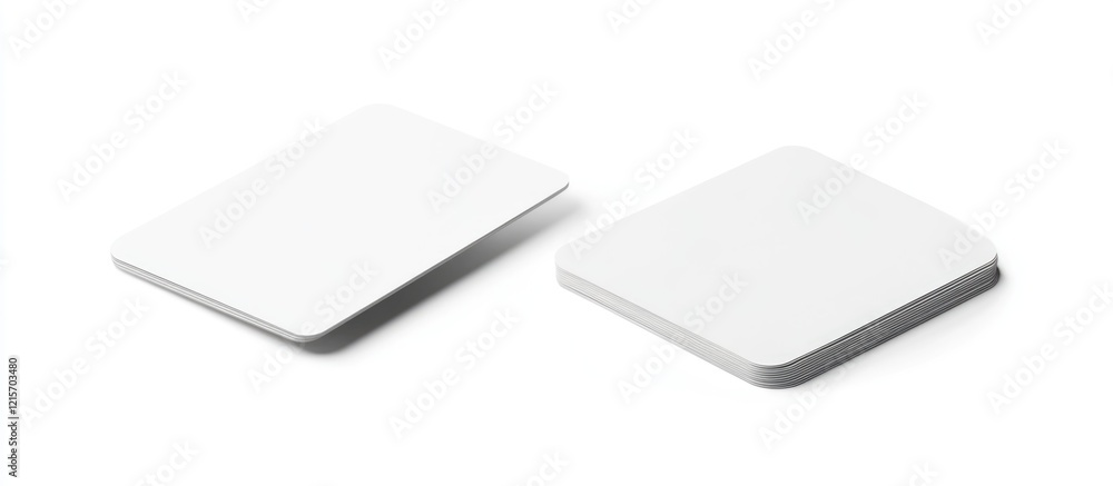 Two rectangular white coasters with rounded corners on a clean white background with Copy Space. Two rectangular white coasters with rounded corners on a clean white background with Copy Space.
