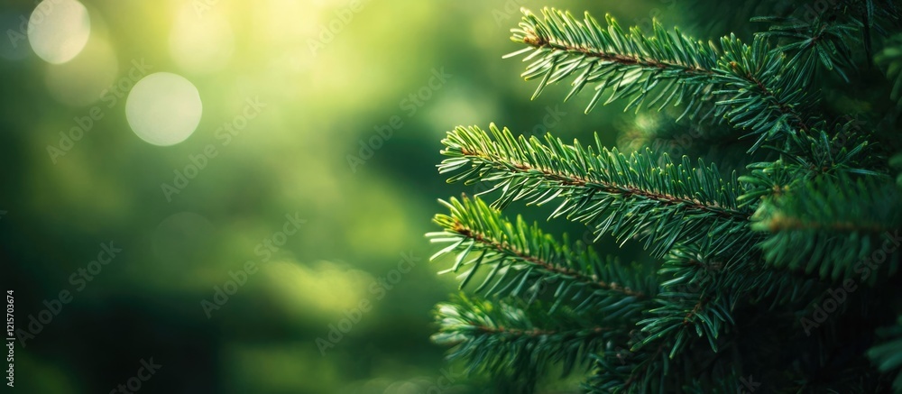 Close-up of evergreen tree branches with soft bokeh background and natural light Copy Space Close-up of evergreen tree branches with soft bokeh background and natural light Copy Space
