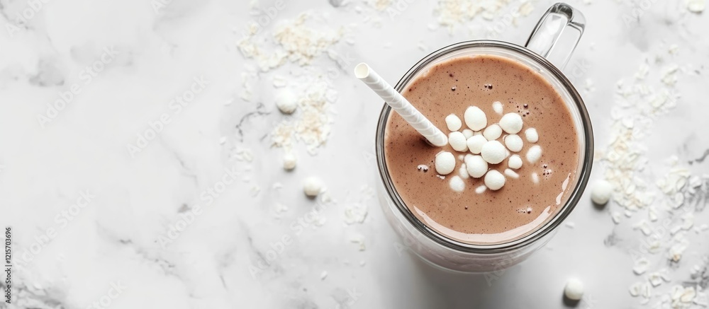 Hot chocolate in a glass mug topped with marshmallows on a marble surface with copy space for text. Hot chocolate in a glass mug topped with marshmallows on a marble surface with copy space for text.