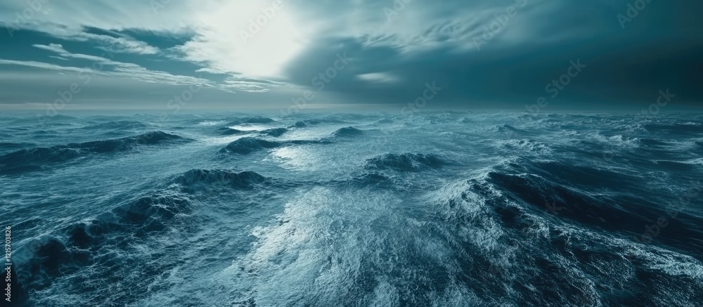Dramatic ocean waves under a cloudy sky with sun rays shining through, Copy Space for text placement Dramatic ocean waves under a cloudy sky with sun rays shining through, Copy Space for text placement