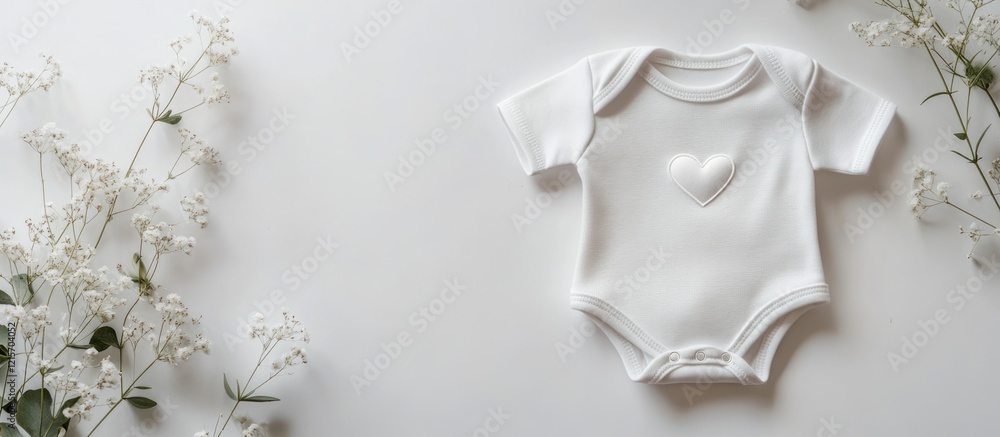 White baby onesie flat lay with delicate white flowers on a light background Copy Space for text placement White baby onesie flat lay with delicate white flowers on a light background Copy Space for text placement