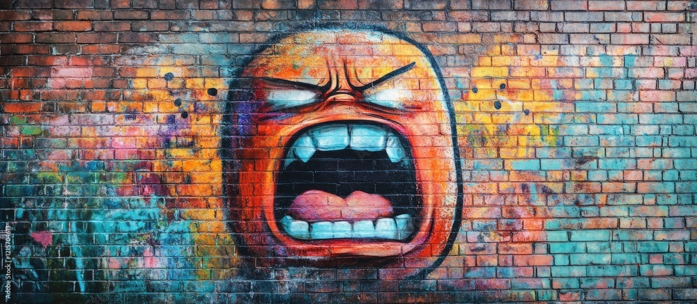 Obraz premium Graffiti mural of a fierce expression with vibrant colors on a brick wall urban background Copy Space