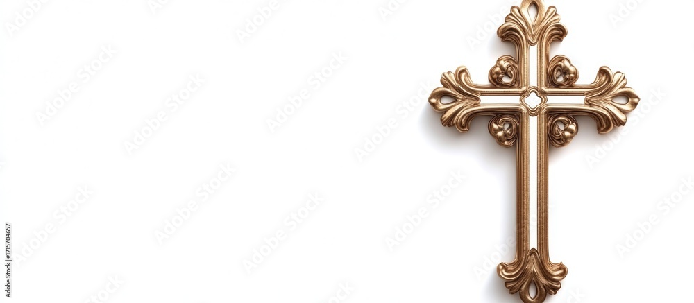 Golden ornate cross on a white background with copy space for text placement Golden ornate cross on a white background with copy space for text placement