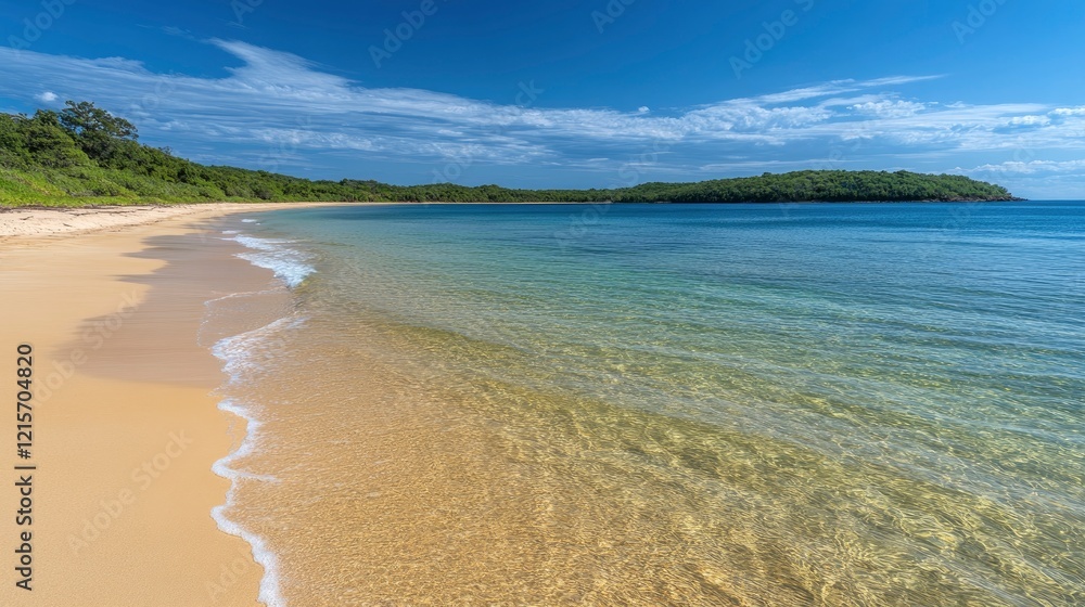 Obraz premium Serene beach landscape with clear water, golden sand, and lush greenery under a bright blue sky