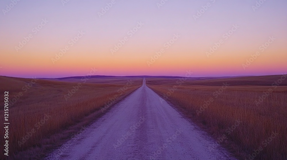Fototapeta premium Serene gravel road stretching into a vibrant sunset over golden fields, evoking tranquility and adventure