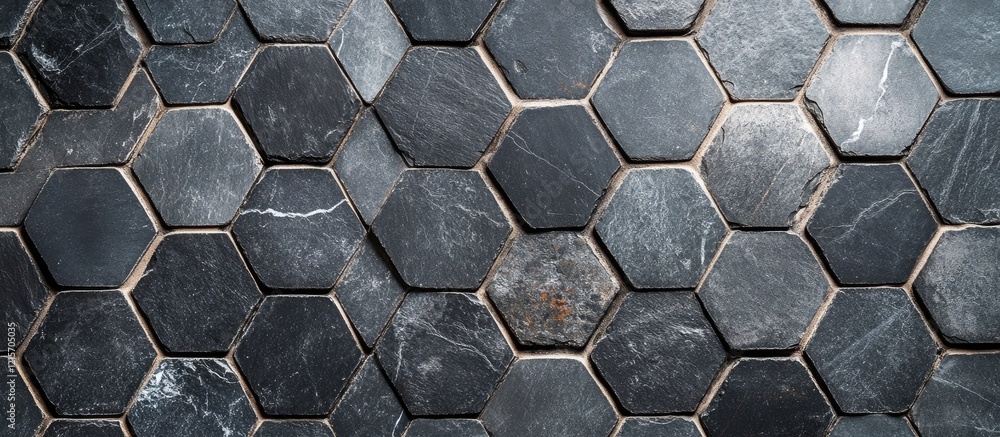 Hexagonal slate tiles arranged in a modern pattern with dark tones and texture featuring Copy Space for text placement Hexagonal slate tiles arranged in a modern pattern with dark tones and texture featuring Copy Space for text placement