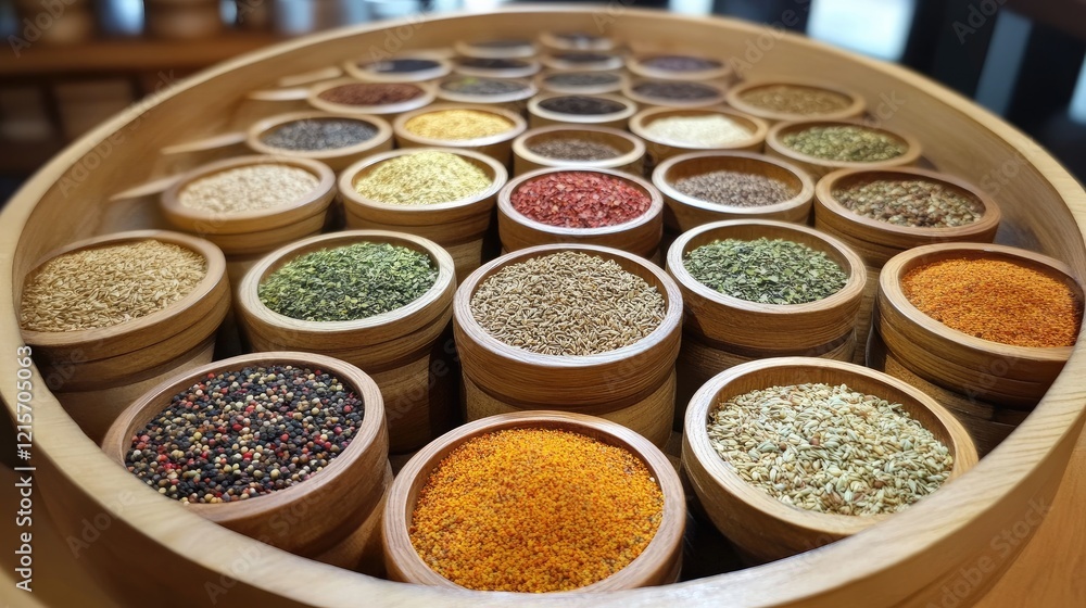 Diverse Collection of Spices and Seasonings in Wooden Bowls on Display Diverse Collection of Spices and Seasonings in Wooden Bowls on Display