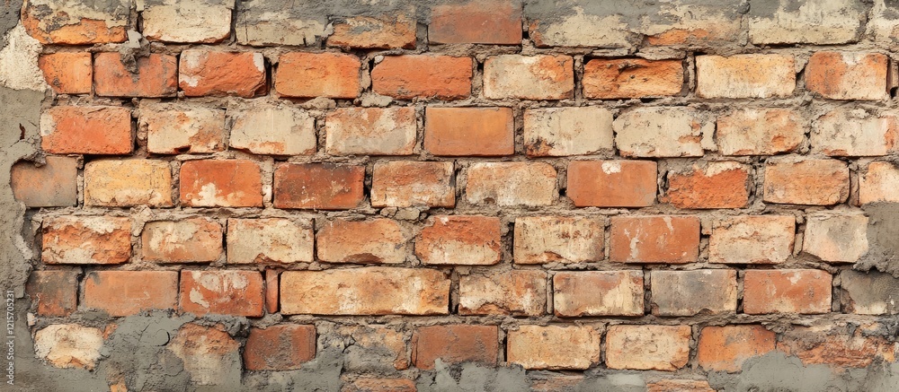 Fototapeta premium Textured vintage red brick wall with visible mortar gaps and weathered surfaces suitable for architectural backgrounds and design projects Copy Space