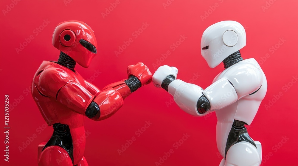 AI and Human Intelligence Duel with Empty Space for Text Placement in a Vibrant Red Background AI and Human Intelligence Duel with Empty Space for Text Placement in a Vibrant Red Background