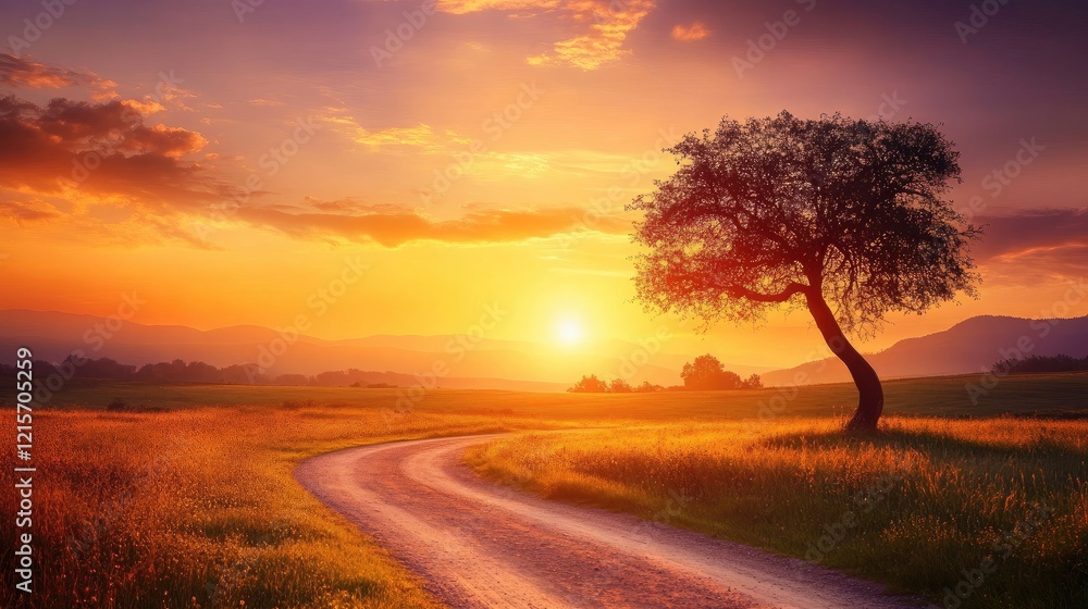 Winding dirt road leading to a vibrant sunset with silhouetted mountains and a solitary tree showcasing serene outdoor beauty. Winding dirt road leading to a vibrant sunset with silhouetted mountains and a solitary tree showcasing serene outdoor beauty.